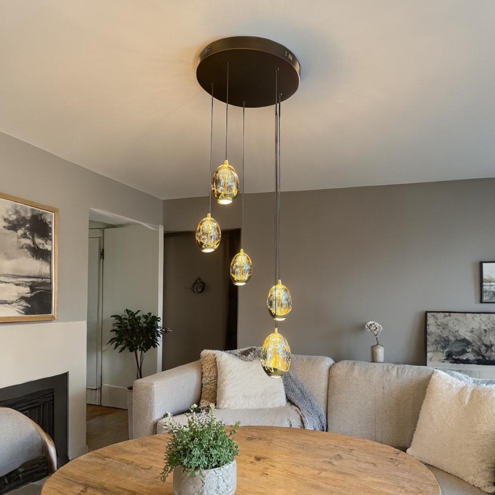 Hanglamp Golden Egg – Luxe 5-Lichts Dimbare Design Hanglamp, Ophalen of Verzenden, Zo goed als nieuw, Glas