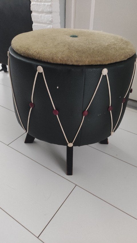 Vintage poef groen skaileer, Minder dan 50 cm, Gebruikt, Rond, Hout