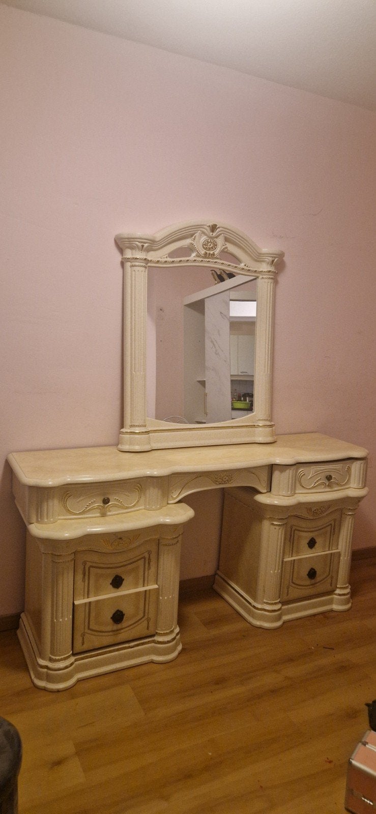 Klassieke kaptafel met spiegel - Crème/Goud, Ophalen, Gebruikt, 100 tot 150 cm, 100 tot 150 cm