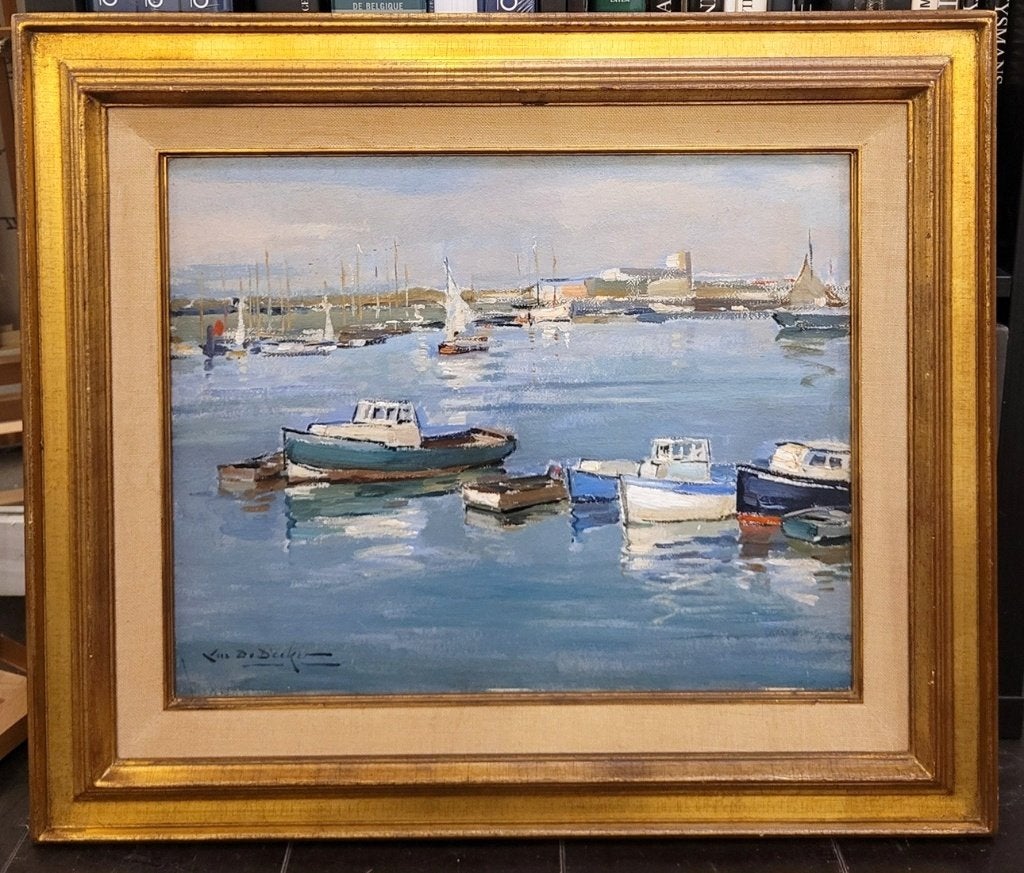 Luc DE DECKER, havengezicht, Ophalen of Verzenden, Olieverf, Origineel werk, Maritiem / water