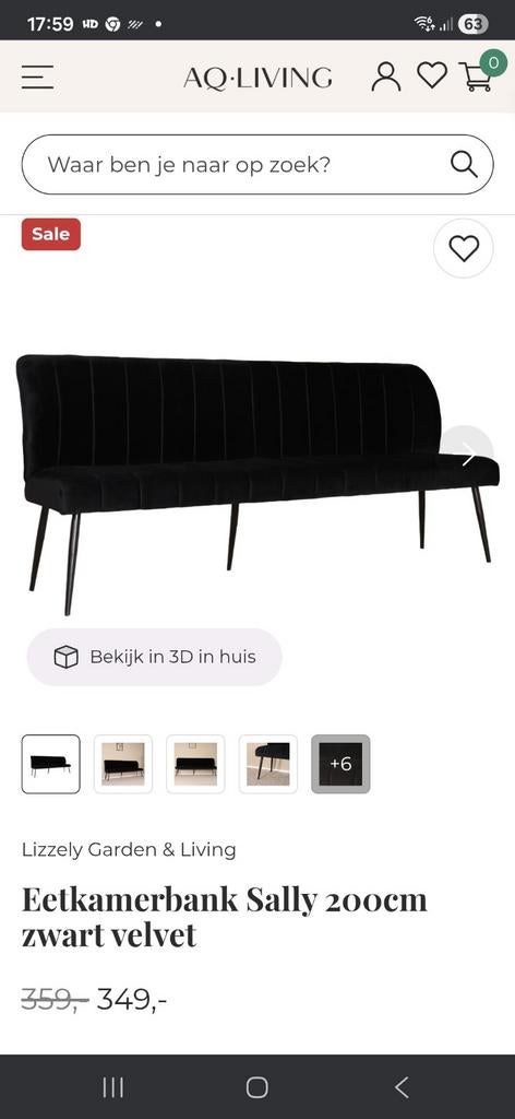 Eetkamerbank Sally 200cm zwart velvet, Driepersoons, 75 tot 100 cm, Ophalen of Verzenden, Zo goed als nieuw