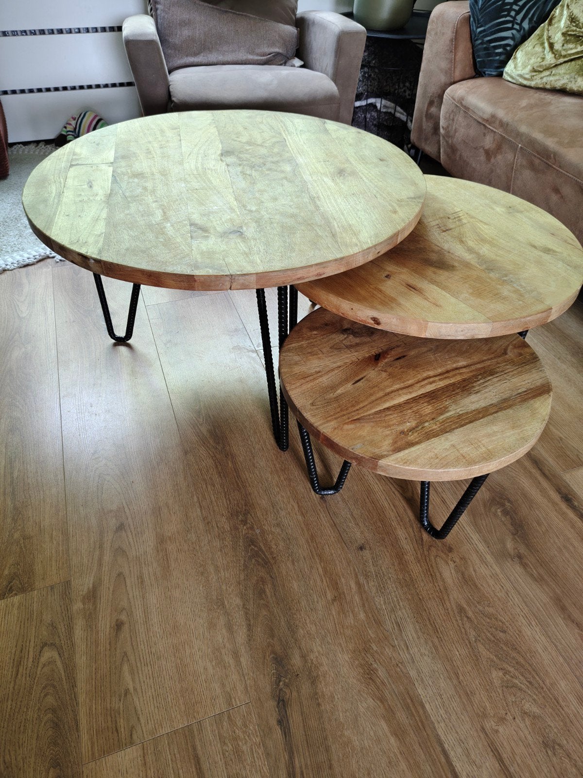 Set van 3 ronde salontafels van mangohout, Overige houtsoorten, 50 tot 100 cm, Rond, Industrieel, Modern