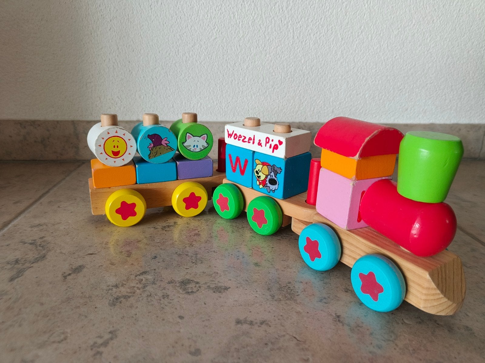 Houten Woezel & Pip Trein met Stapelblokken, Ophalen of Verzenden, Gebruikt