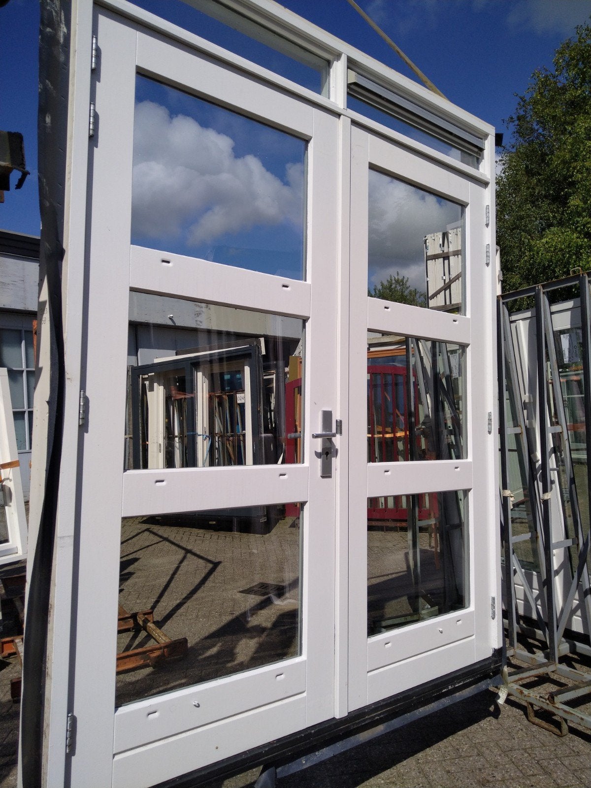 hardhout kozijn met dubbele tuindeuren en bovenlicht, Nieuw, Ophalen of Verzenden, Buitendeur, Glas