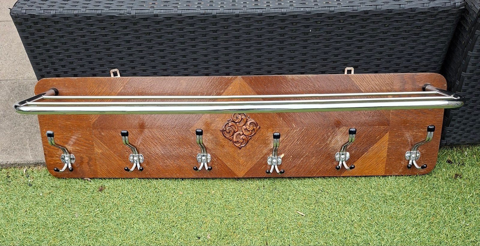 Vintage Antieke Houten Wandkapstok met Chroom Details, Gebruikt, Minder dan 100 cm, Hout, Ophalen