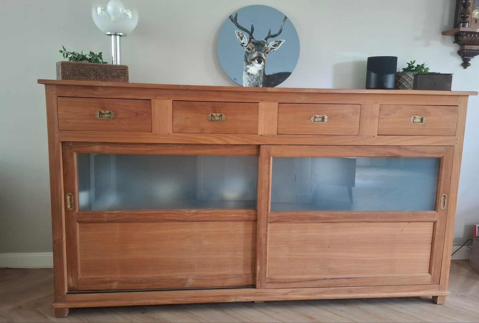 Teakhouten dressoir met lades en schuifdeuren, Huis en Inrichting, Kasten | Dressoirs, Ophalen, Gebruikt, Met deur(en), Glas
