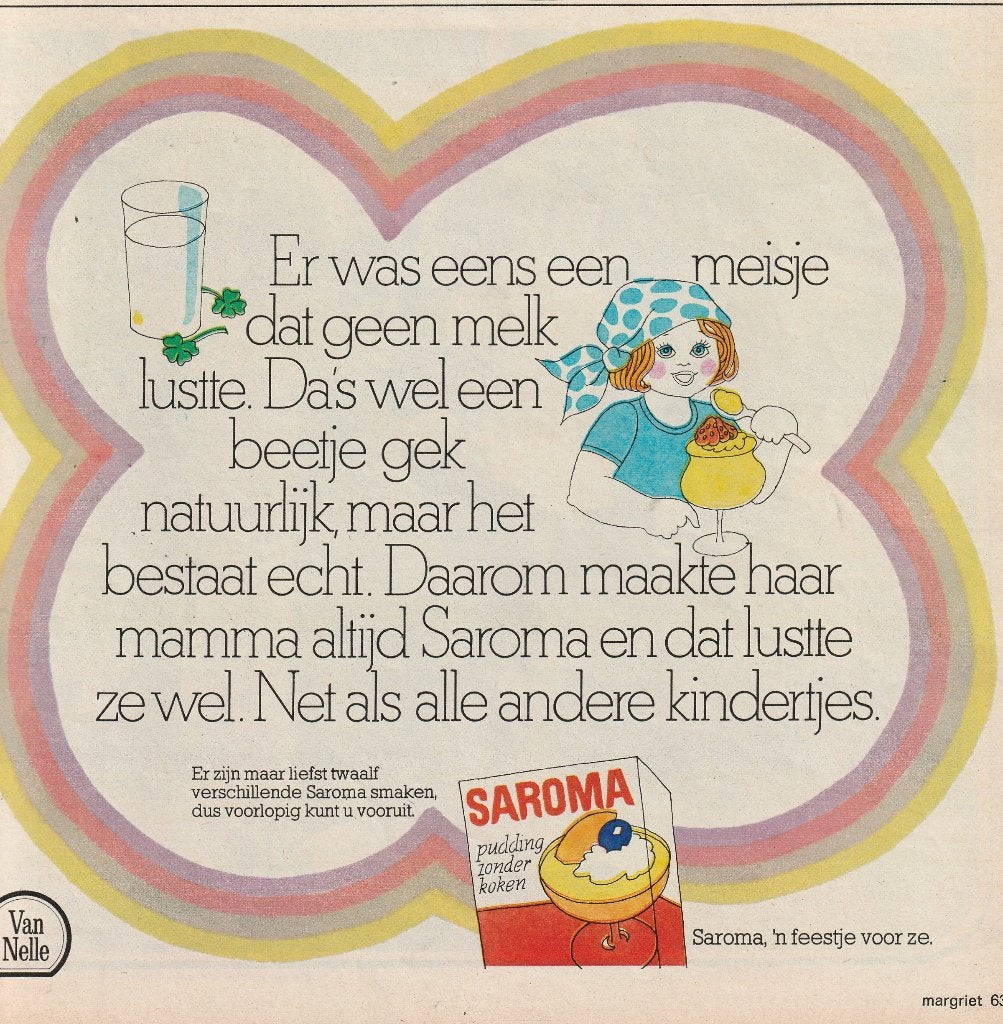 Retro reclame 1978 Saroma zuivel pudding ze lust geen melk, Verzamelen, Retro, Verzenden, Overige typen
