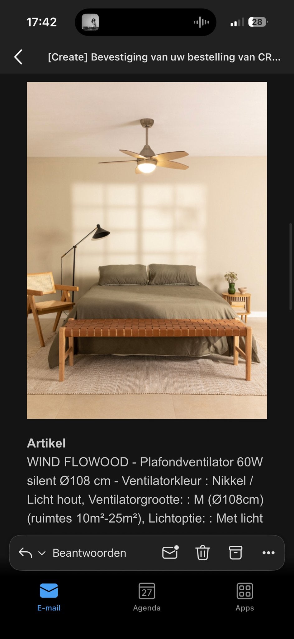 CREATE Plafondventilator, Huis en Inrichting, Lampen | Hanglampen, Nieuw, Hout, Overige fittingen, Ophalen