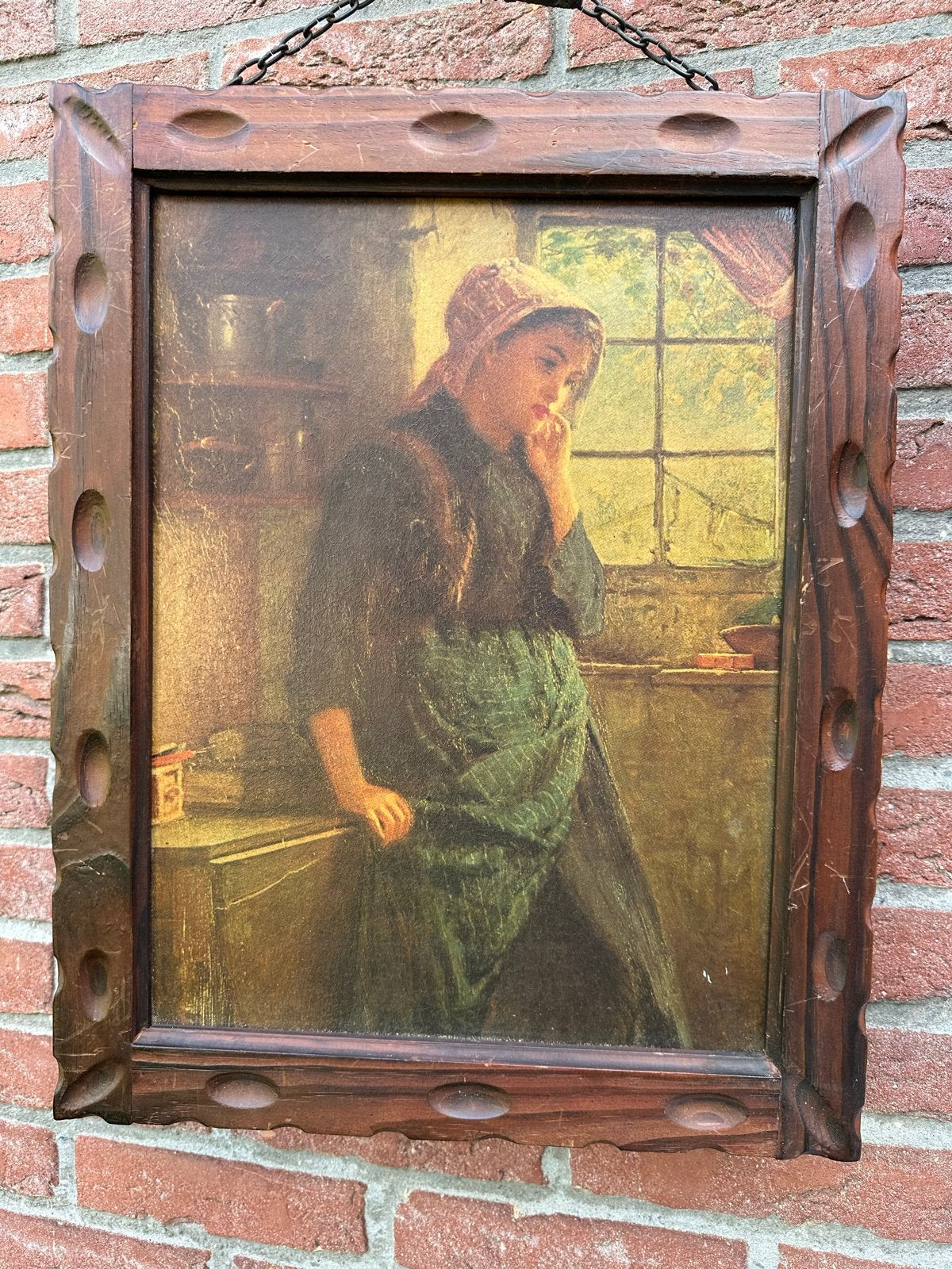 Vintage Schilderij: Vrouw bij Raam in Houten Lijst, Antiek en Kunst, Ophalen