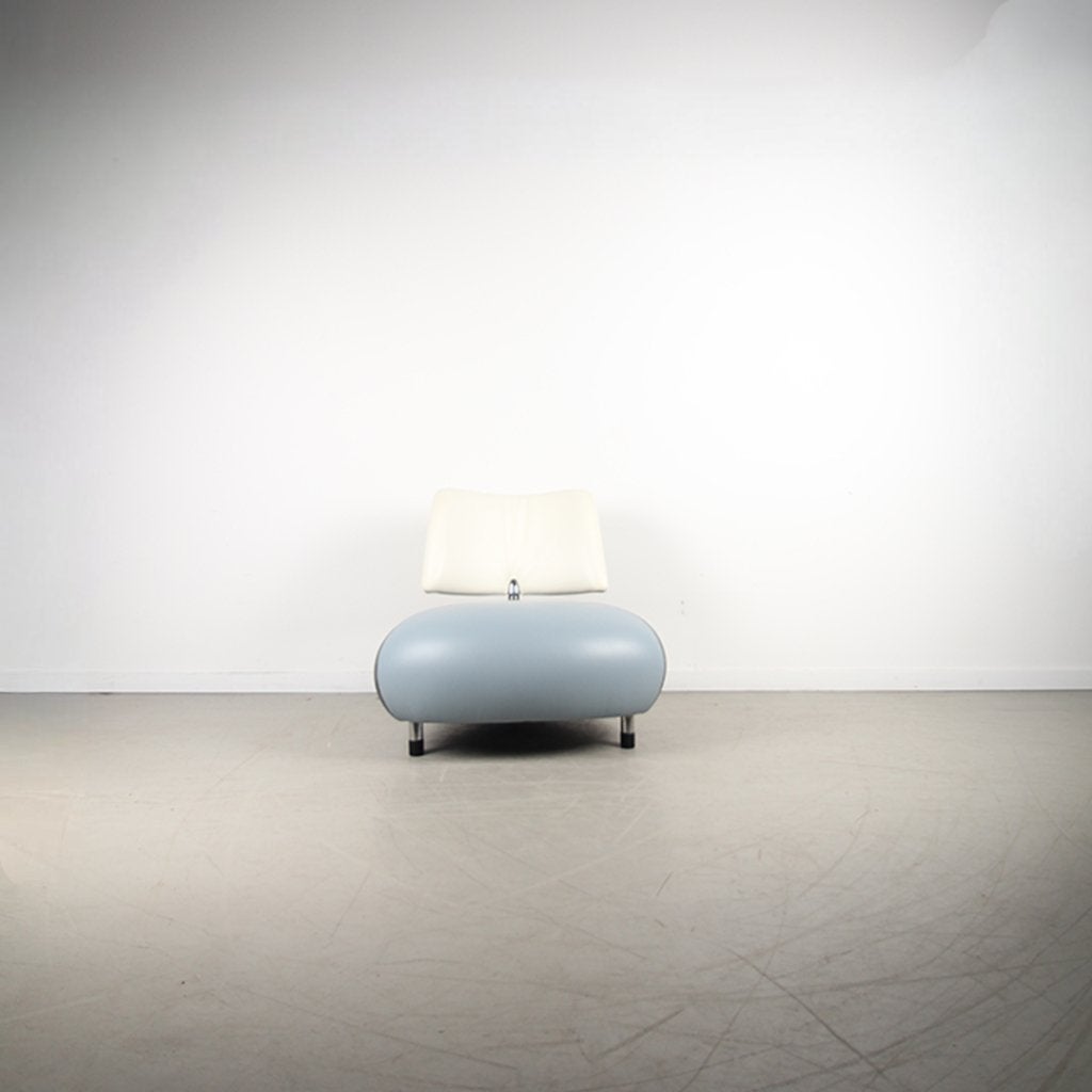 1x Leolux Pallone Fauteuil Blauw/Antraciet/Wit Leer – Chroom, Niet ingevuld, 100 tot 125 cm, Niet ingevuld, Leer