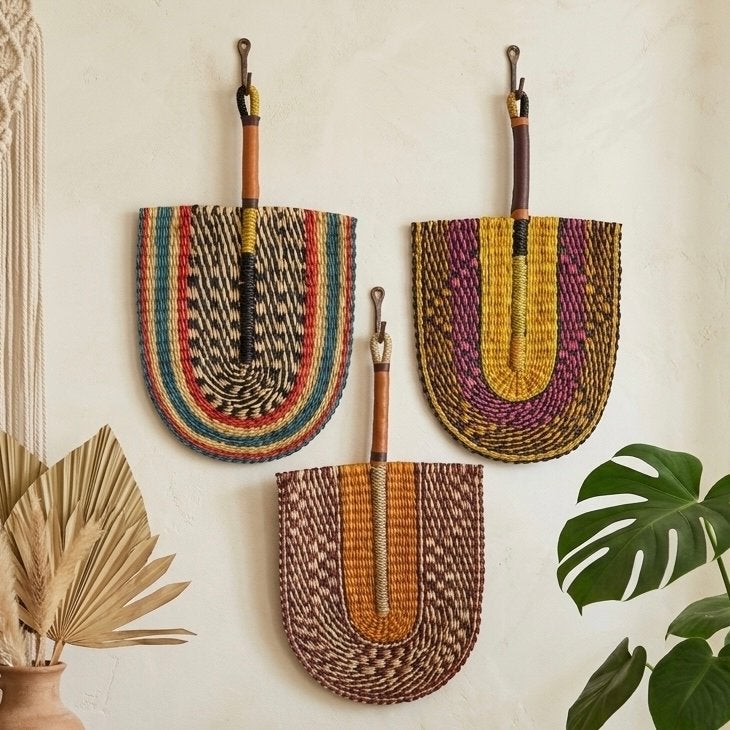 Set van 3 Afrikaanse Bolga Muurwaaiers (28x50cm), Meerkleurig, Boho, Nieuw, Ophalen of Verzenden