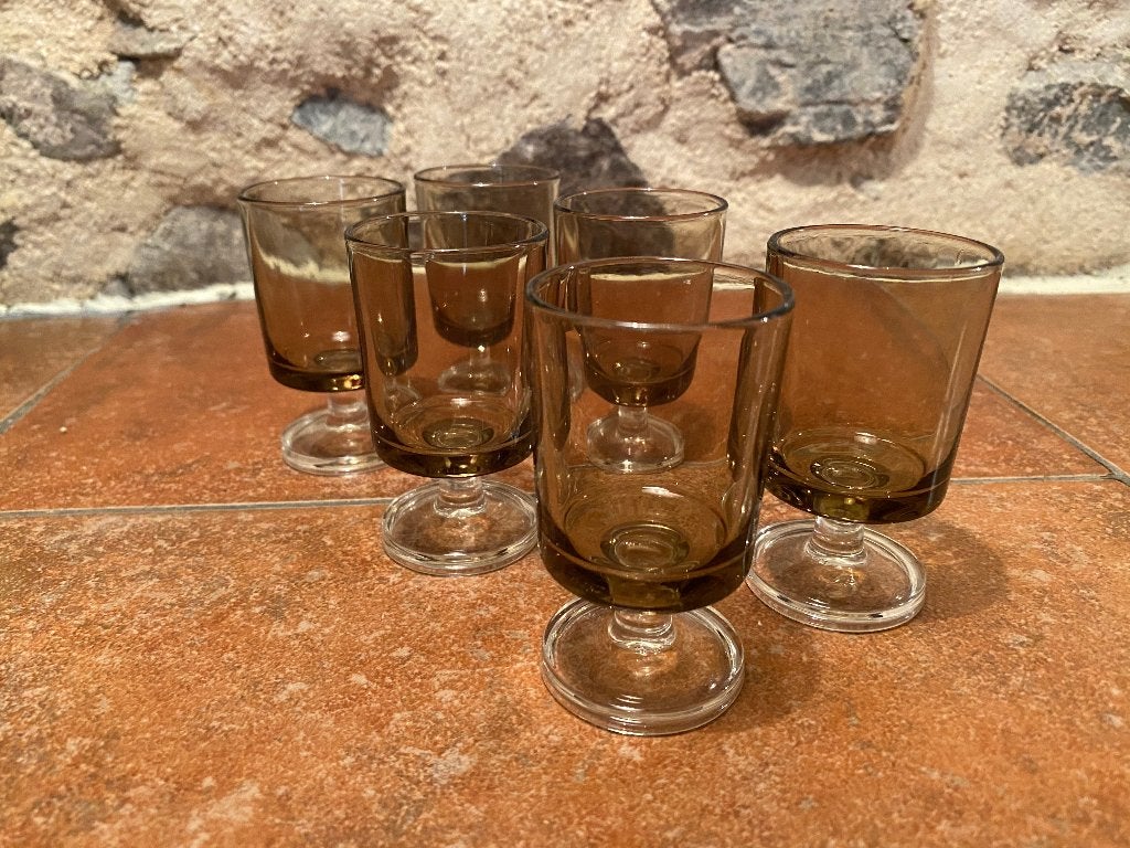 Vintage borrel/shot glazen/glaasjes bruin (6st) - jaren 70, Antiek en Kunst, Ophalen of Verzenden