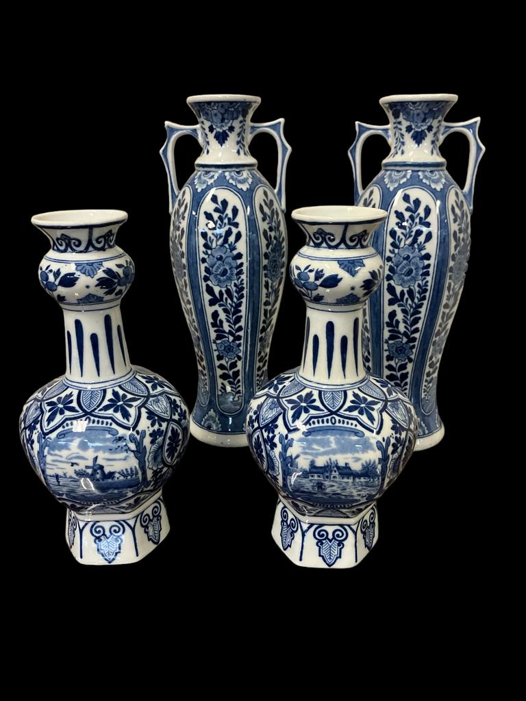 Set antieke Delfts blauwe Jugendstil kaststel   vazen/, Ophalen of Verzenden