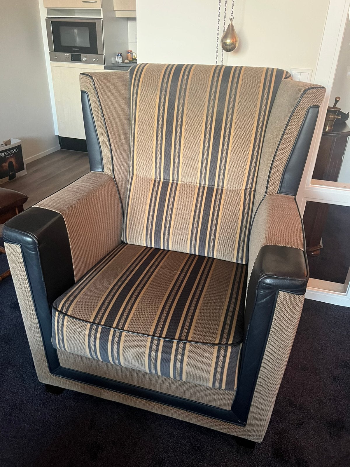 Mooie fauteuil(s) beige/donkerblauw + bijpassende bank, Ophalen, Minder dan 75 cm, Zo goed als nieuw, 100 tot 125 cm