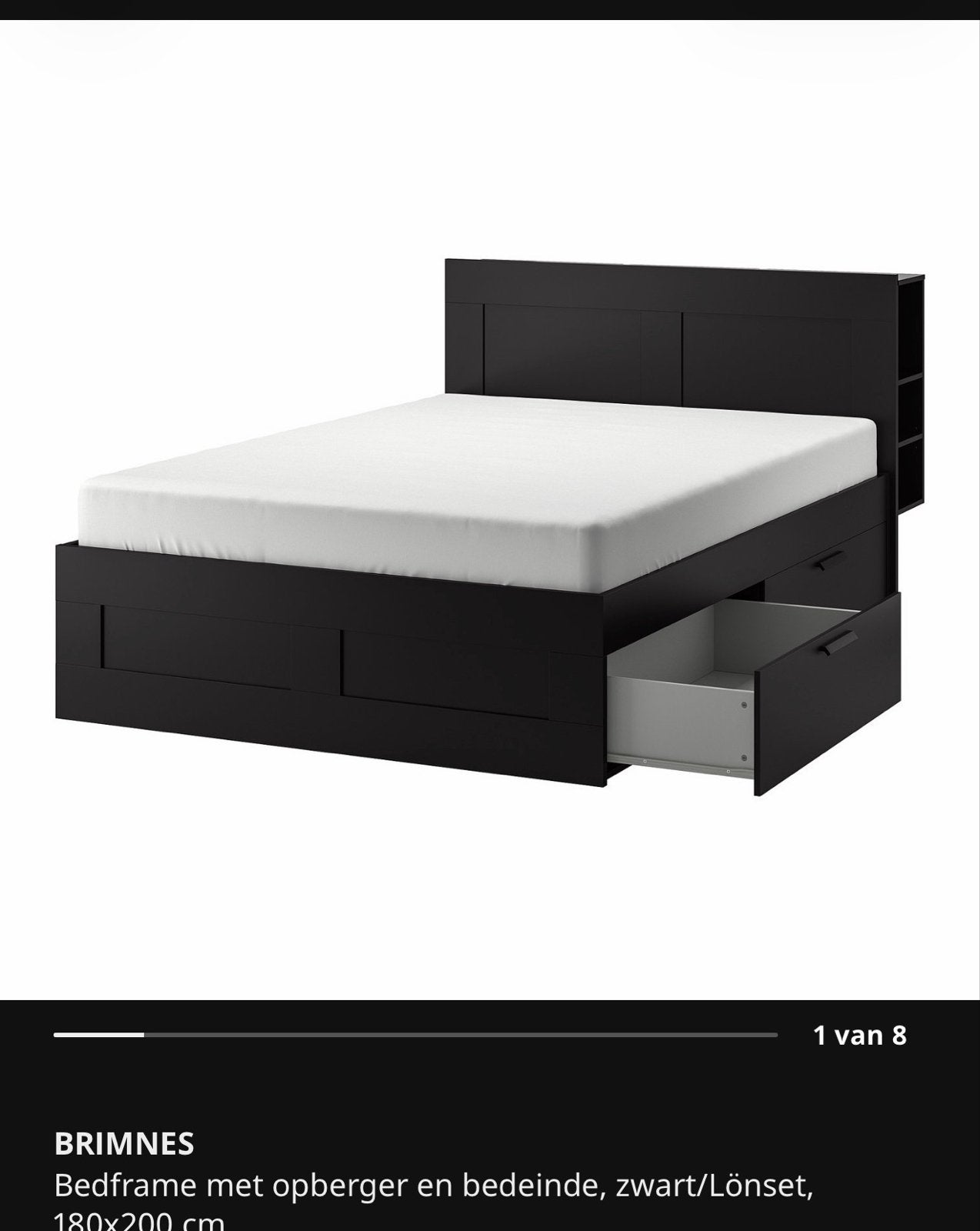 Gratis brimnes ikea bedframe met opberger, 160x200 cm, Ophalen, Gebruikt, Zwart, Tweepersoons