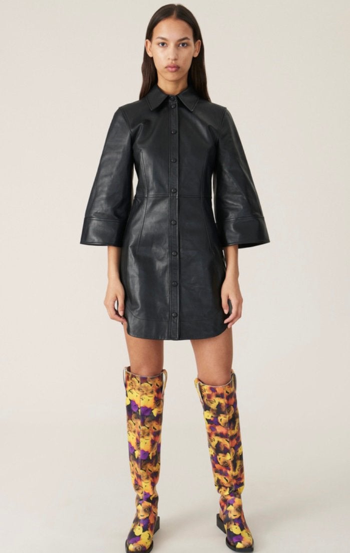 GANNI Leather Mini Sexy Dress Little Black Flare Sleeve XXS, Ophalen of Verzenden, Nieuw, Maat 34 (XS) of kleiner, Zwart