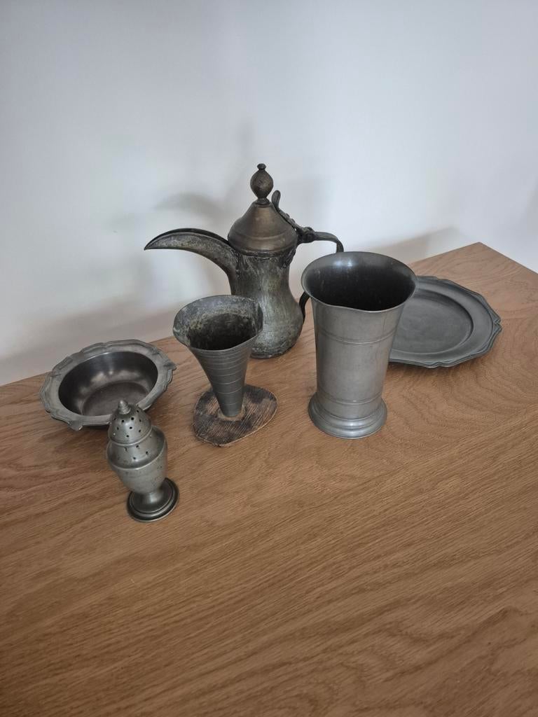 Set van 6 tinnen objecten, Antiek en Kunst, Antiek | Tin, Ophalen of Verzenden