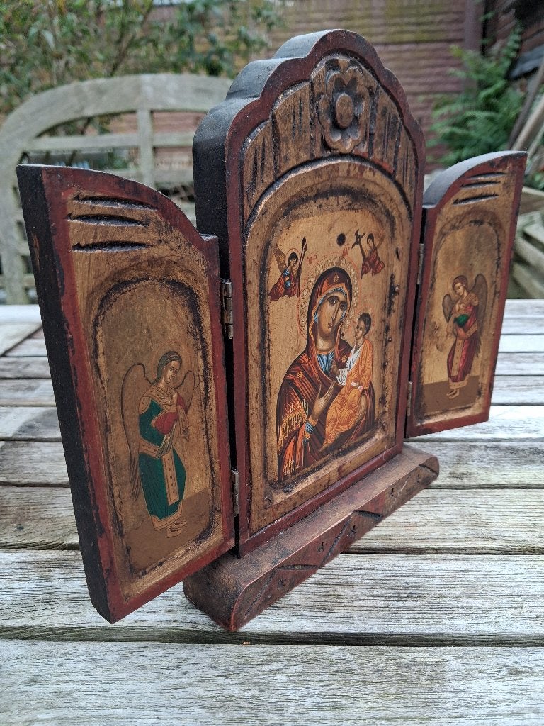 Byzantijns Drieluik Icoon - Eitempera & Goud op Oud Hout, Antiek en Kunst, Ophalen of Verzenden