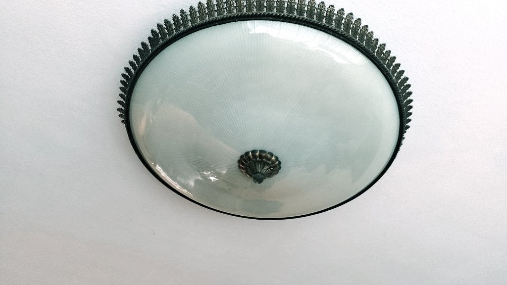Vintage plafonnière met messing sierrand – 48 cm (1920-1930), Ophalen, Gebruikt, Plafondlamp, Glas