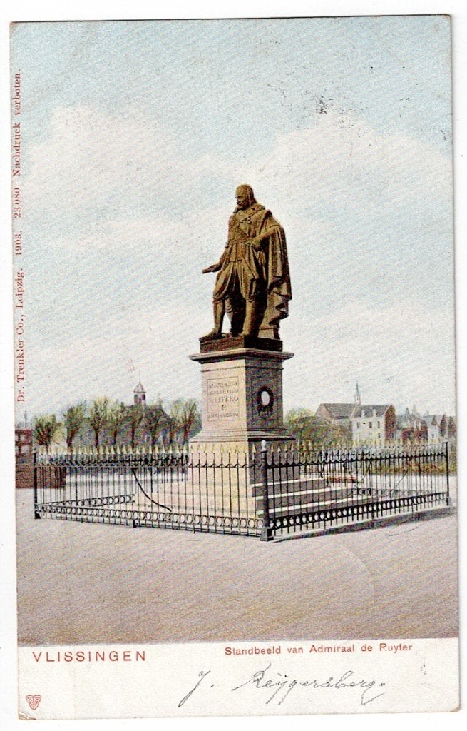Vlissingen 1905. Standbeeld van Admiraal de Ruyter., Verzamelen, Ophalen of Verzenden, Voor 1920, Gelopen, Zeeland
