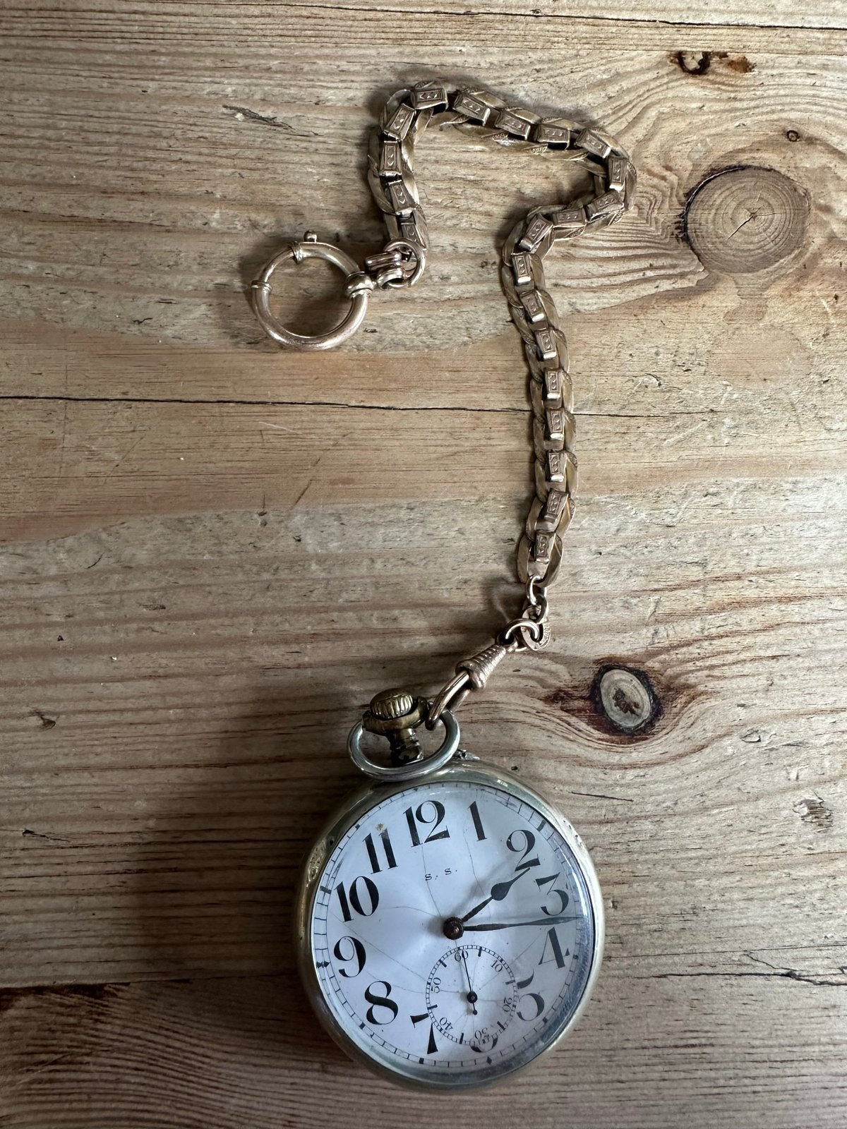Antiek Zakhorloge met Ketting en Trein Gravure, Overige materialen, Zakhorloge, Met ketting, Voor 1900