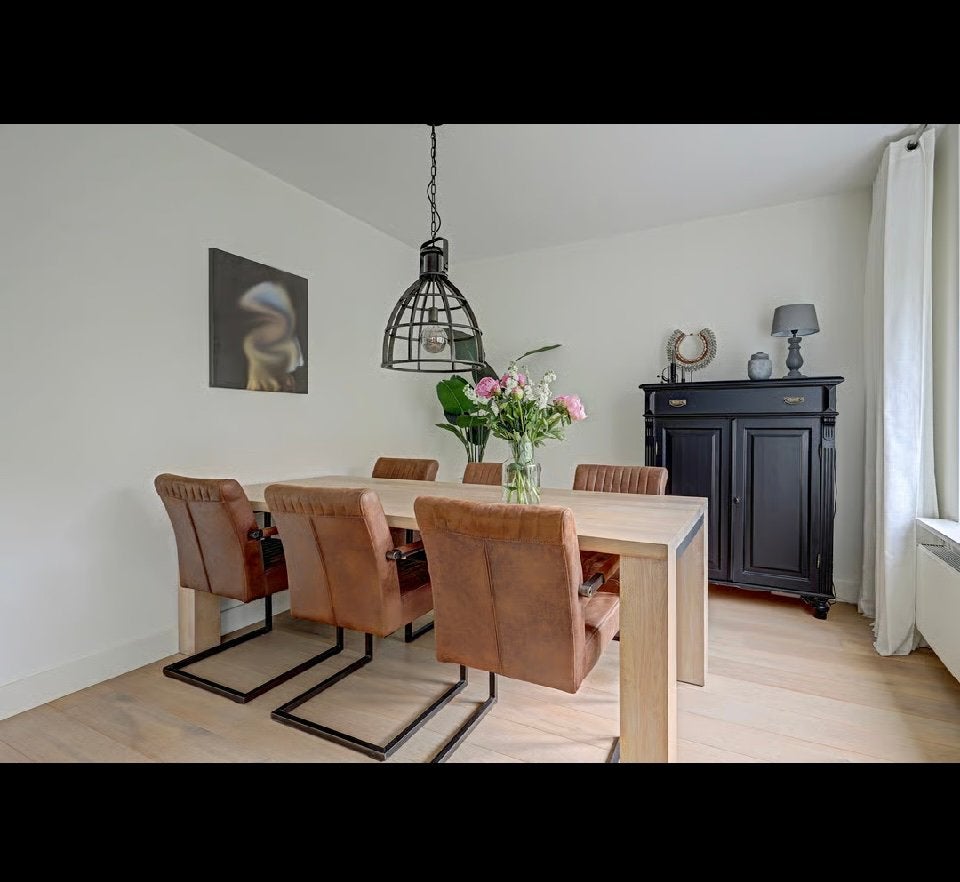 Massief eiken ettafel met 6 stoelen, Huis en Inrichting, Ophalen, 100 tot 150 cm, Eikenhout, 200 cm of meer