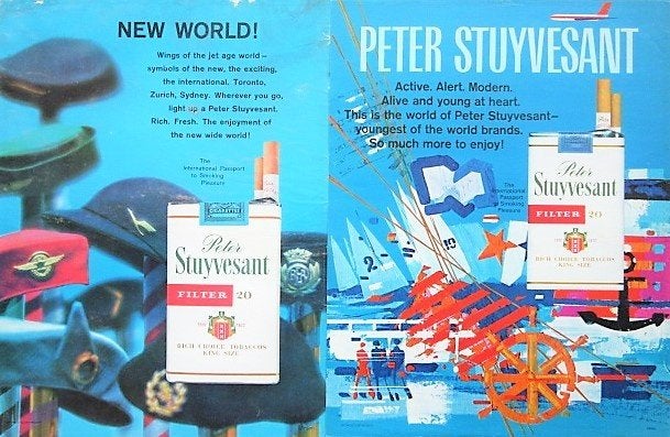 18 oude reclames Peter Stuyvesant sigaretten 58-88 sigaret, Verzamelen, Ophalen of Verzenden, Gebruikt, Sigarenbandjes