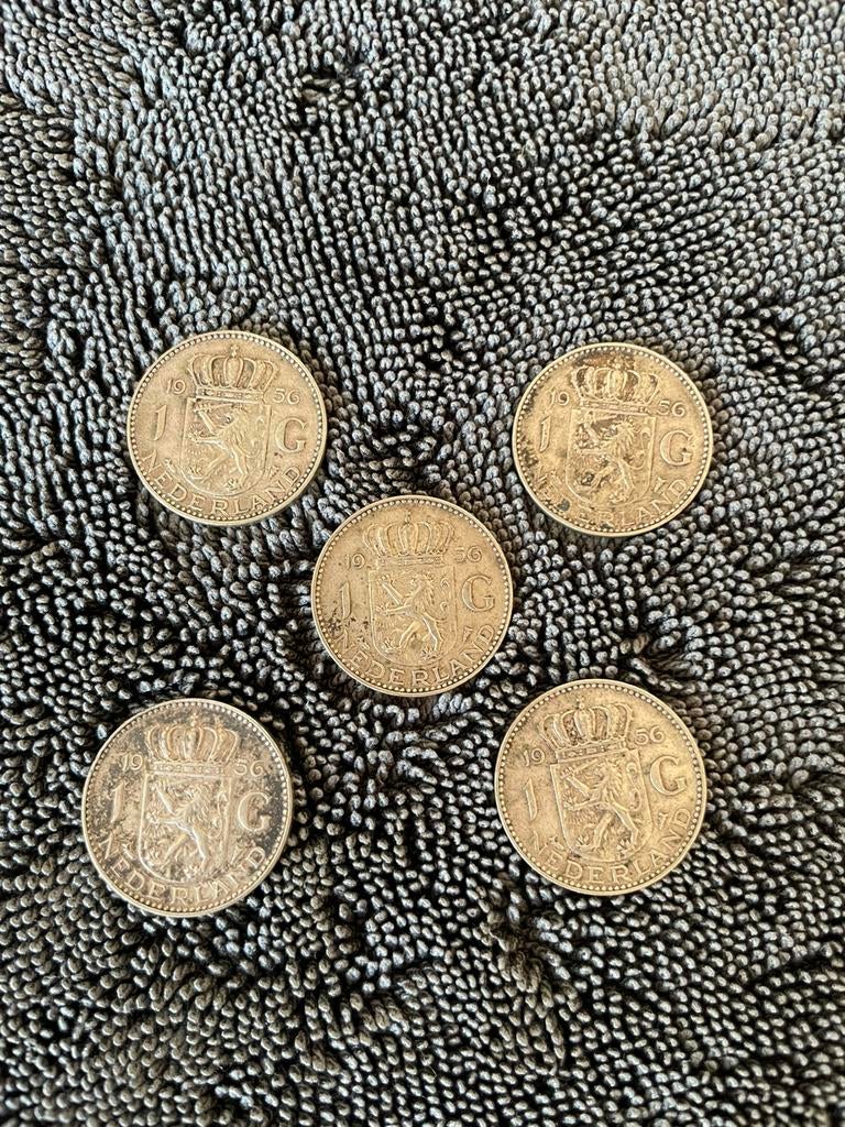 5 zilveren Juliana guldens 1956, Postzegels en Munten, Munten | Nederland, 1 gulden, Koningin Juliana, Zilver, Ophalen of Verzenden