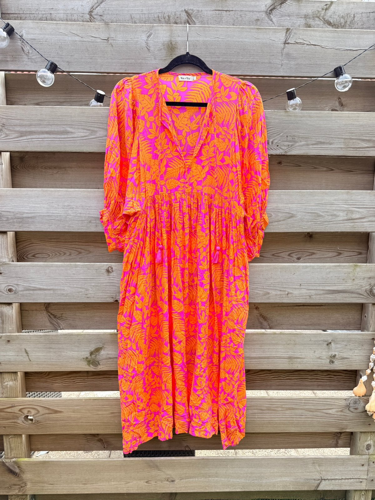 Make a wish | Jurk oranje roze blockprint | One size, Kleding | Dames, Ophalen of Verzenden, Zo goed als nieuw, Roze, Knielengte