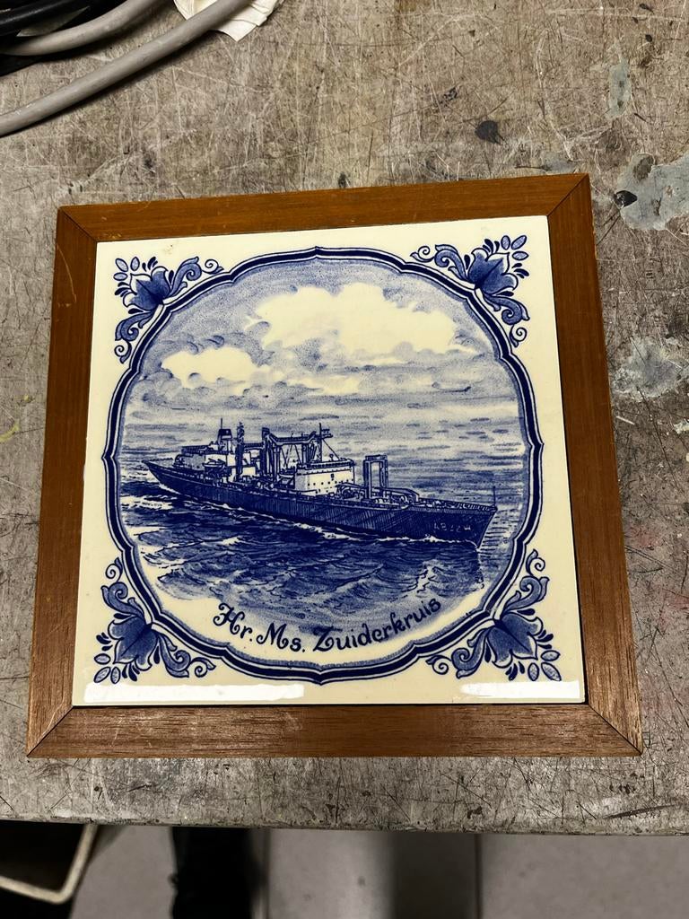 Delfts Blauw Tegeltableau Hr. Ms. Zuiderkruis, Antiek en Kunst, Ophalen of Verzenden