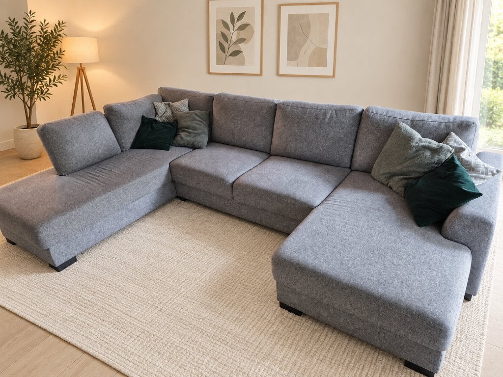 Ruime grijze U-bank met dubbele lounge | kussens optioneel, Huis en Inrichting, Ophalen, Gebruikt, Hoekbank, 300 cm of meer