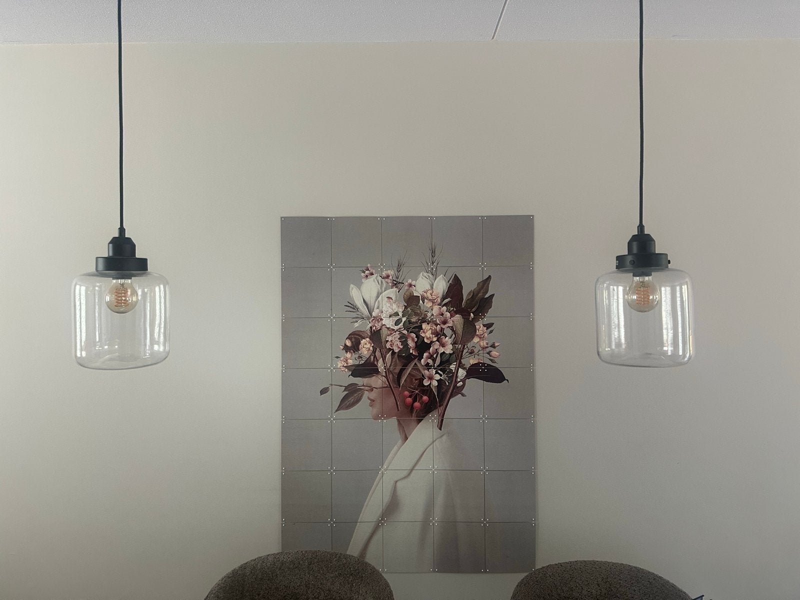 Set van 2 glazen hanglampen - Karwei, Ophalen of Verzenden, Zo goed als nieuw, Glas, E27 (groot)