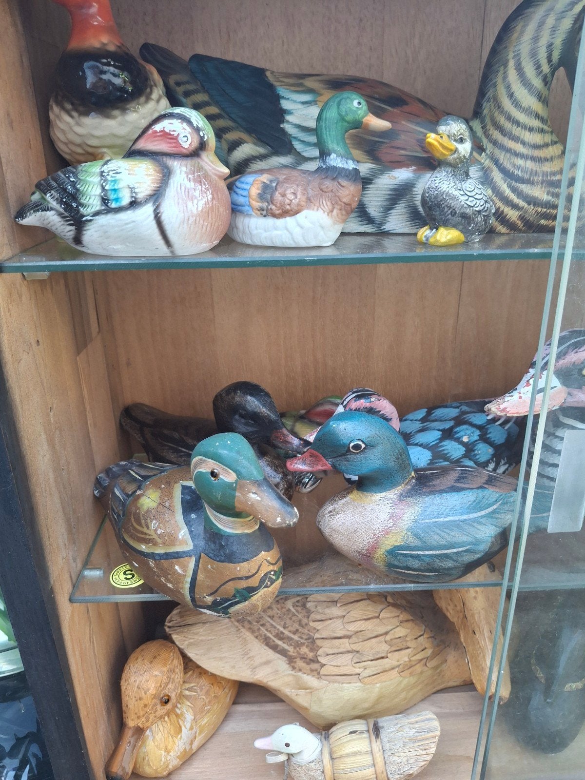 Verzameling houten eenden en vogels in vitrinekast, Verzamelen, Dierenverzamelingen, Ophalen of Verzenden