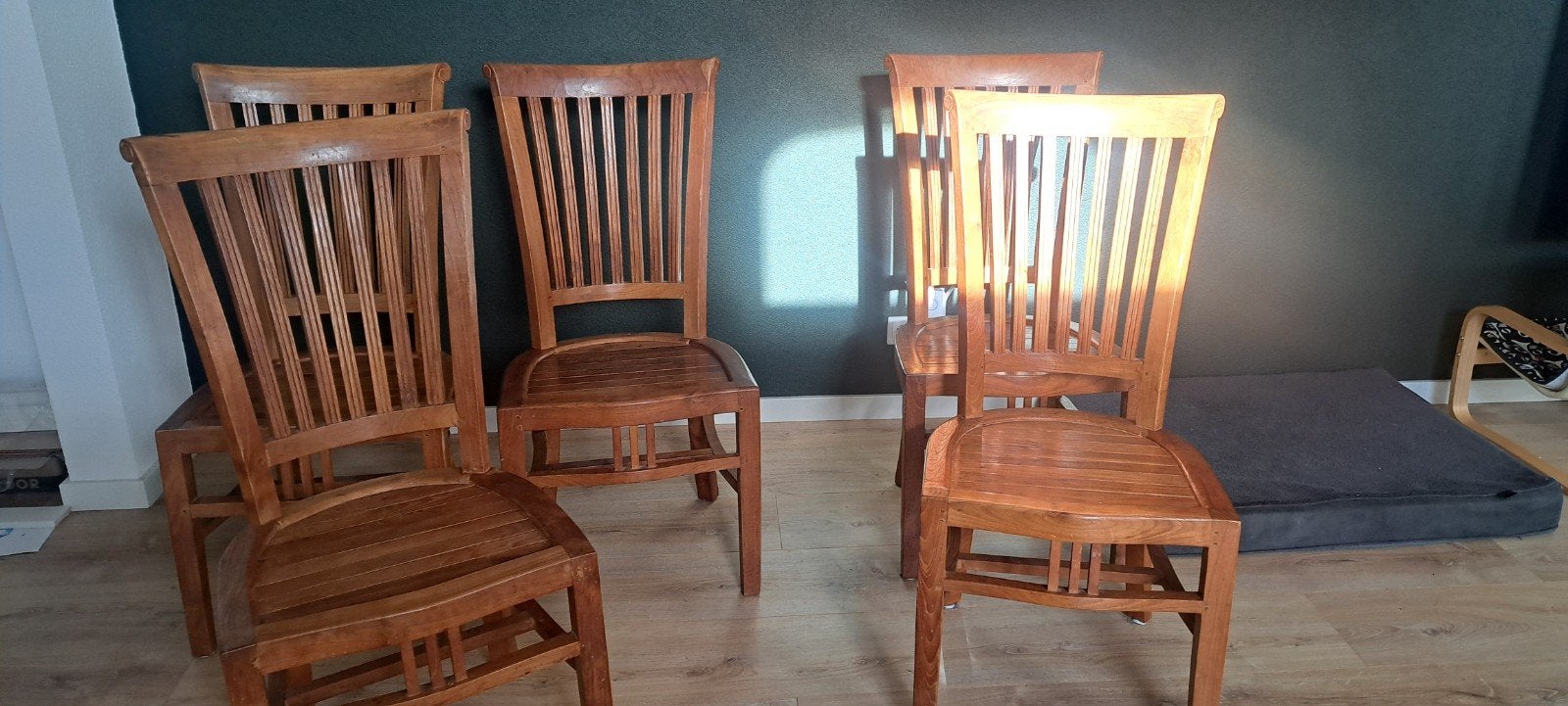Set van 5 massief teak houten eetkamerstoelen, Ophalen, Gebruikt, Bruin, Hout