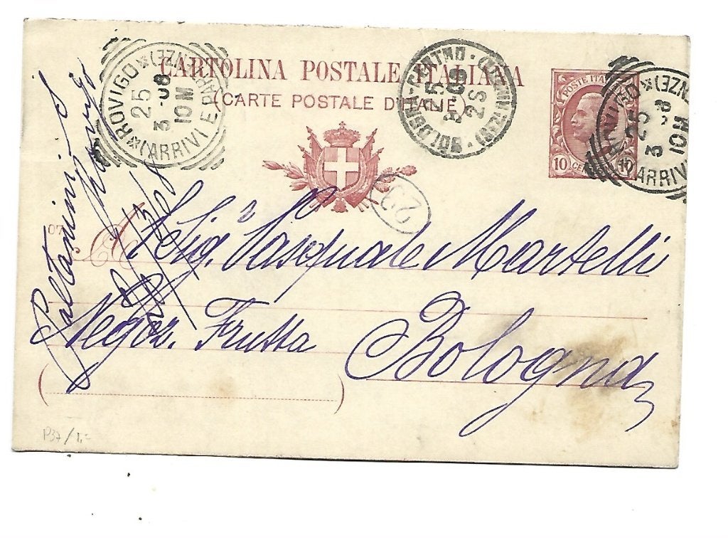 Italië -1908 -naar Bologna, Verzenden, Briefkaart