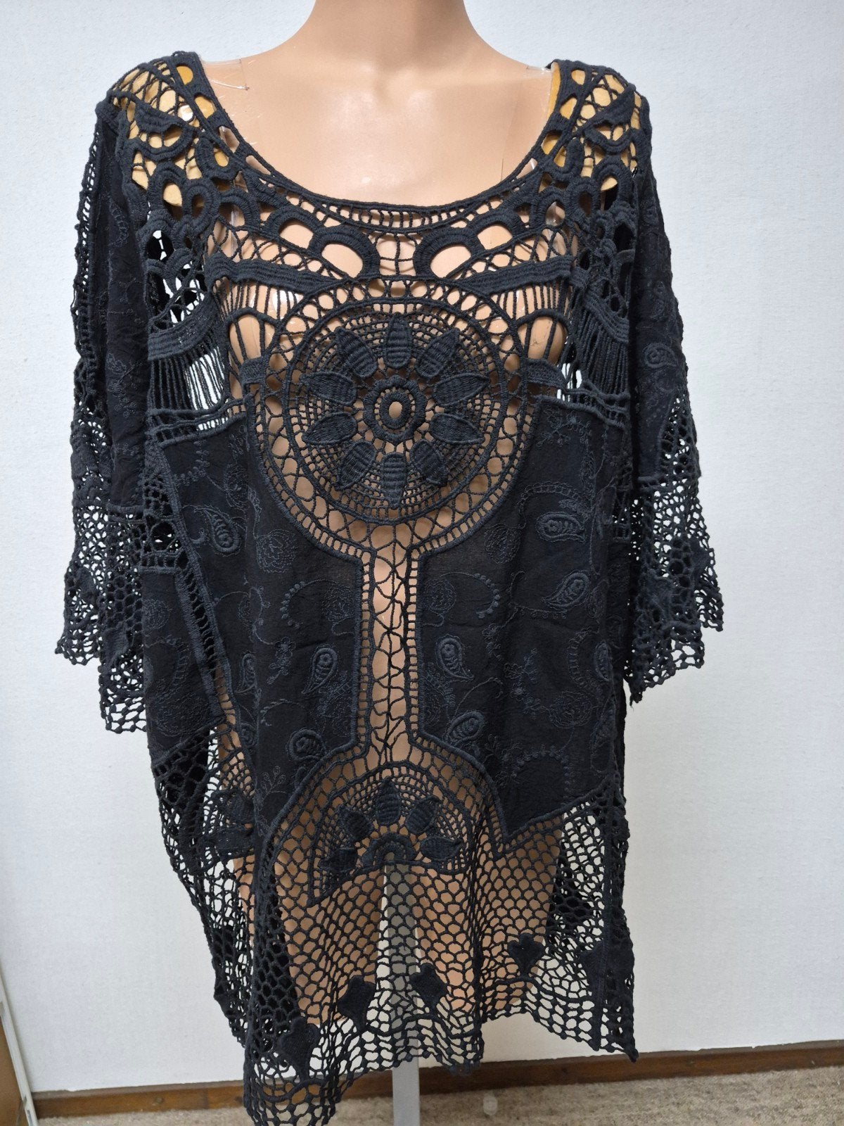 Zwart broderie gehaakt shirt xl-xxl opengewerkt boho ibiza, Zwart, Maat 46/48 (XL) of groter, Ophalen of Verzenden, Zo goed als nieuw
