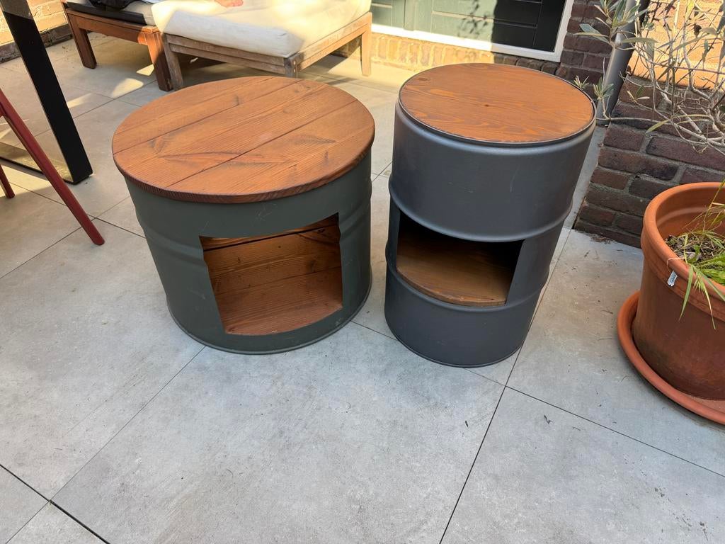 Industriële bijzettafels/salontafels van olievaten, Minder dan 55 cm, Metaal of Aluminium, Rond, Zo goed als nieuw