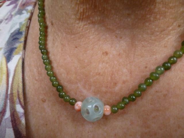 Collier JADE en Angelskin Koraal Goud op Zilver Slotje, Sieraden, Tassen en Uiterlijk, Antieke sieraden, Verzenden, Zilver, Ketting