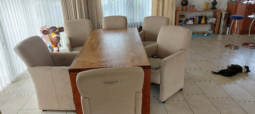 eettafel en 6 stoelen, Ophalen, Gebruikt, 50 tot 100 cm, 150 tot 200 cm