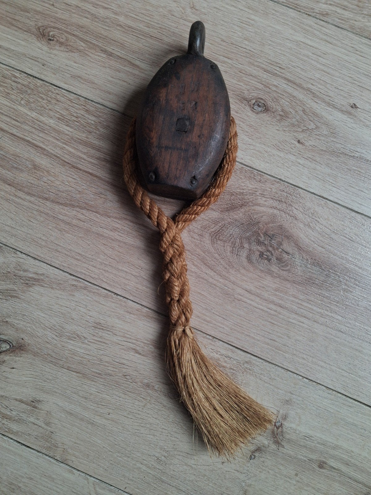 Antieke houten katrol met touw - Maritieme decoratie, Ophalen of Verzenden