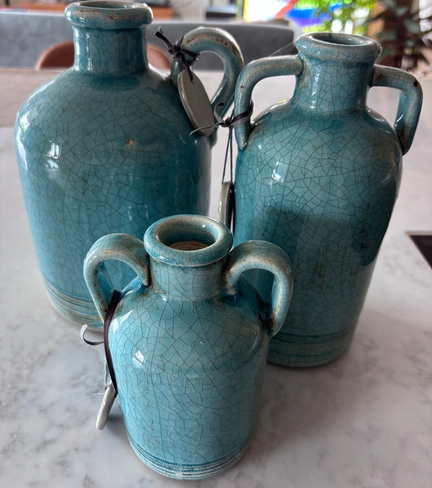 Set van 3 turquoise craquelé vazen/kruiken, Ophalen of Verzenden