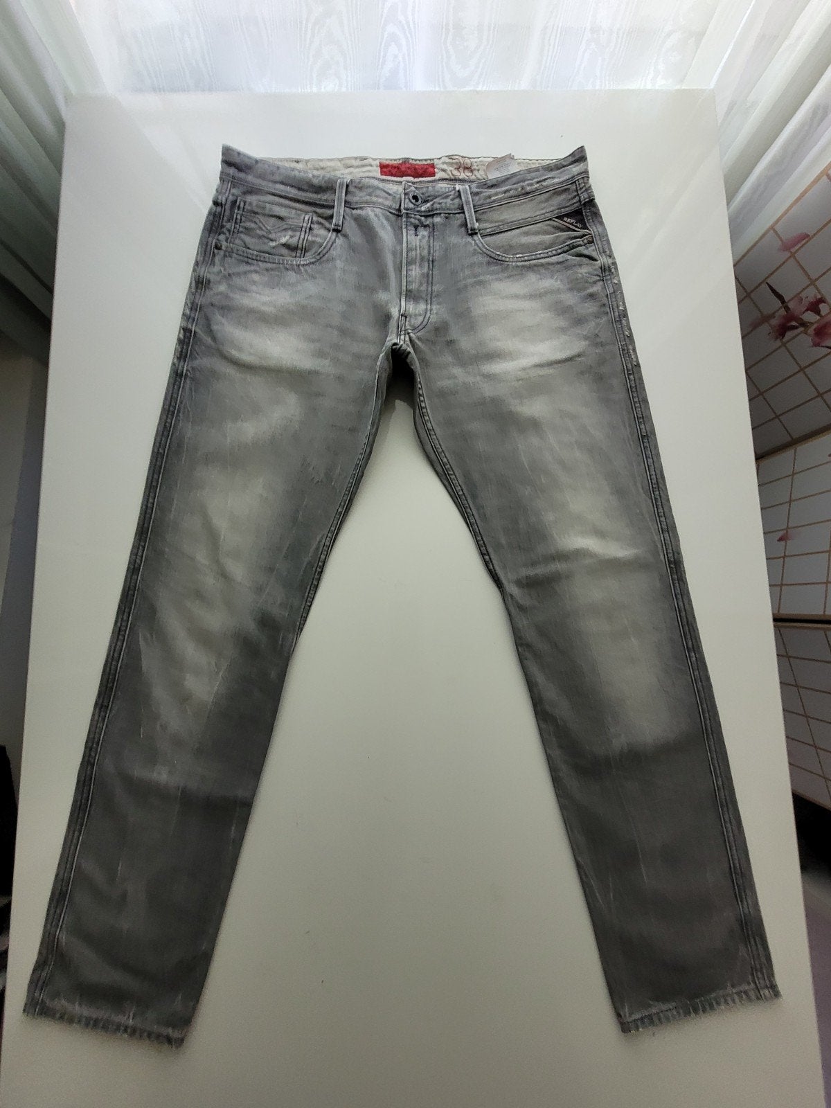 GRIJZE REPLAY ANBASS SLIM SKINNY DESTROY JEANS SIZE 38, W32 (confectie 46) of kleiner, Ophalen of Verzenden, Zo goed als nieuw