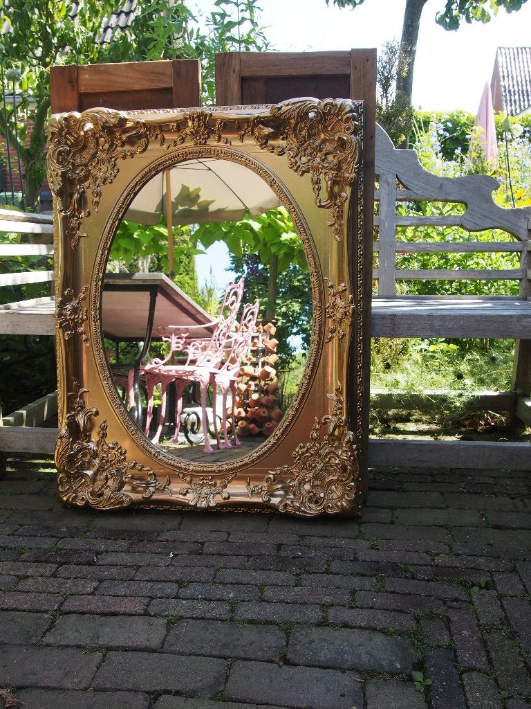 Klassieke ovale spiegel met gouden lijst - 70x90 cm, Ophalen, Gebruikt, Minder dan 100 cm, Ovaal