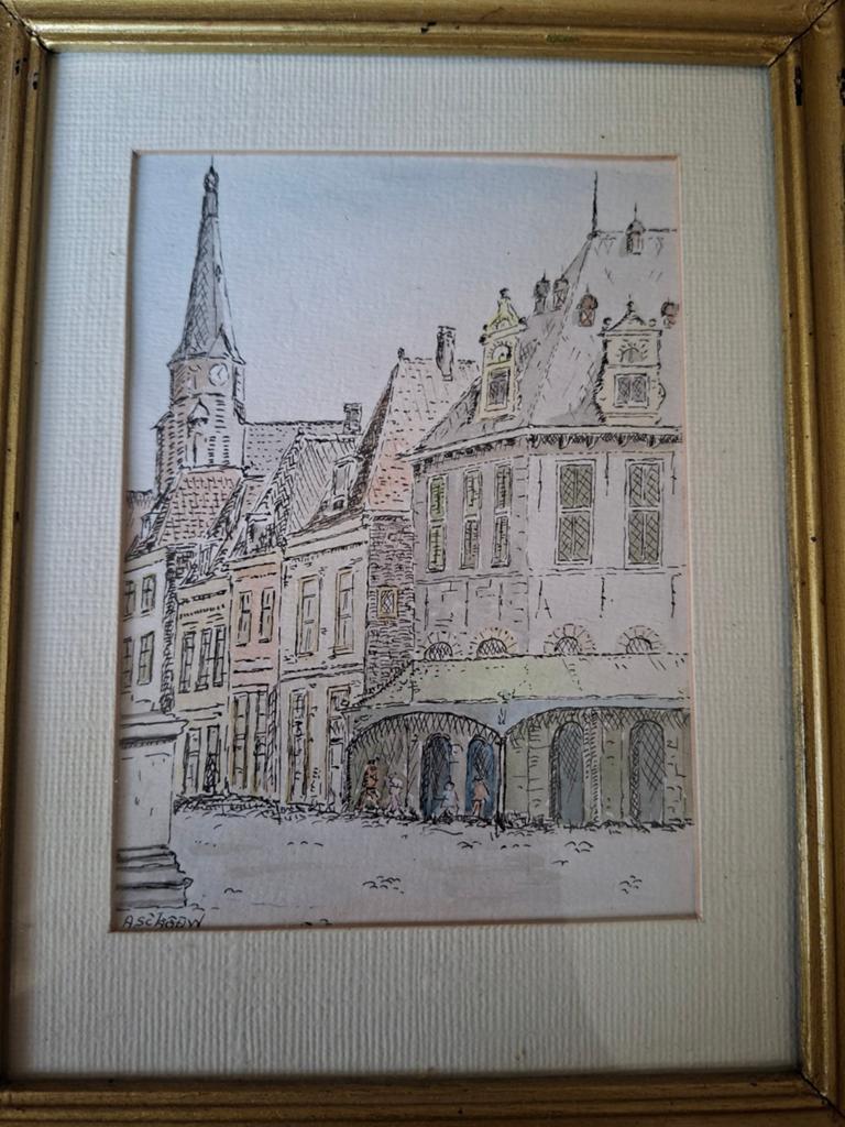 Pen tekening/Gravure ingekleurd en gesigneerd, Antiek en Kunst, Kunst | Tekeningen en Foto's, Ophalen of Verzenden