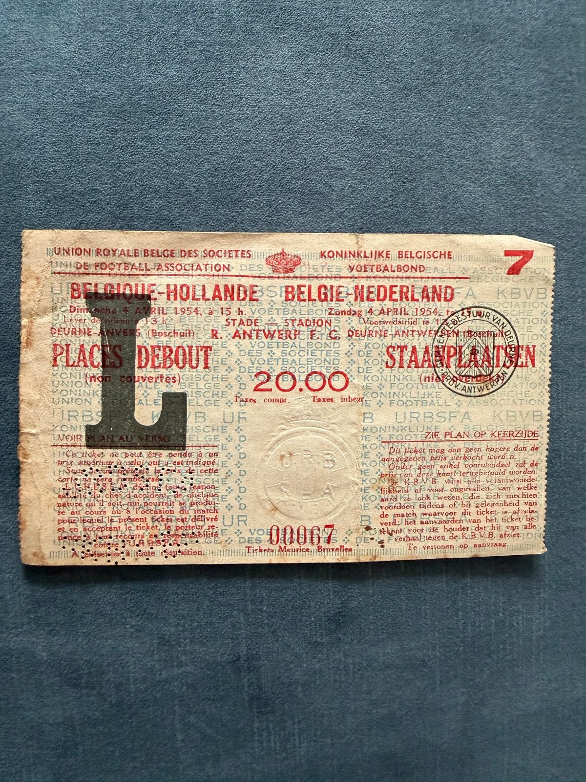 Toegangsticket voetbalinterland Belgie-Nederland 1954, Verzamelen, Sportartikelen en Voetbal, Ophalen of Verzenden, Gebruikt, Poster, Plaatje of Sticker