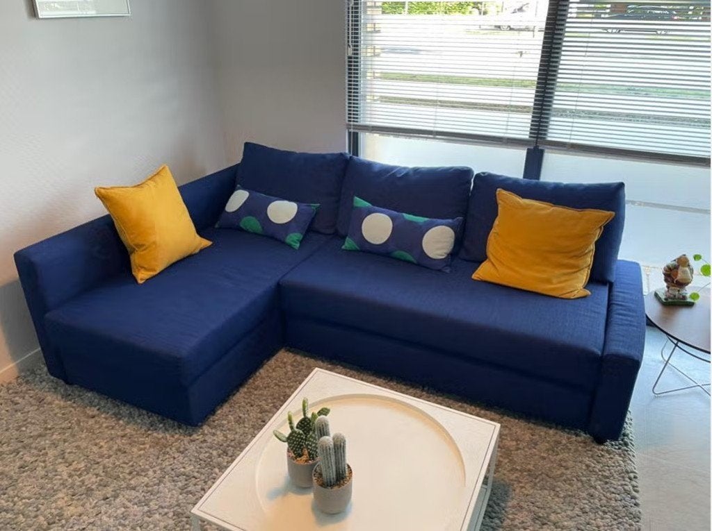 Geweldige Luxe Hoek Slaapbank Ikea - Friheten, Ophalen, Zo goed als nieuw, Kunststof, Strak modern en toch knus en uitnodigend. Blauw.