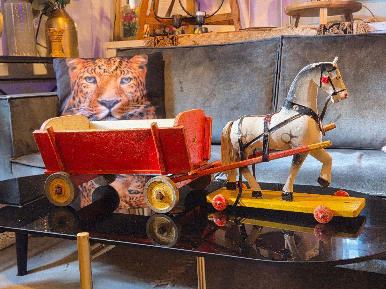 Vintage houten paard met kar - Decoratief speelgoed, Ophalen