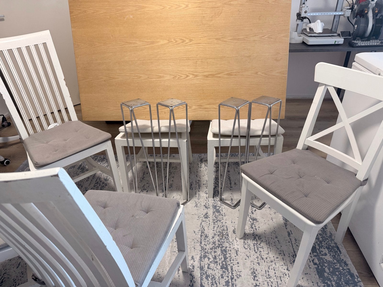 Eettafel met metalen poten en 5 stoelen, Ophalen, Gebruikt, 50 tot 100 cm, Vijf personen of meer