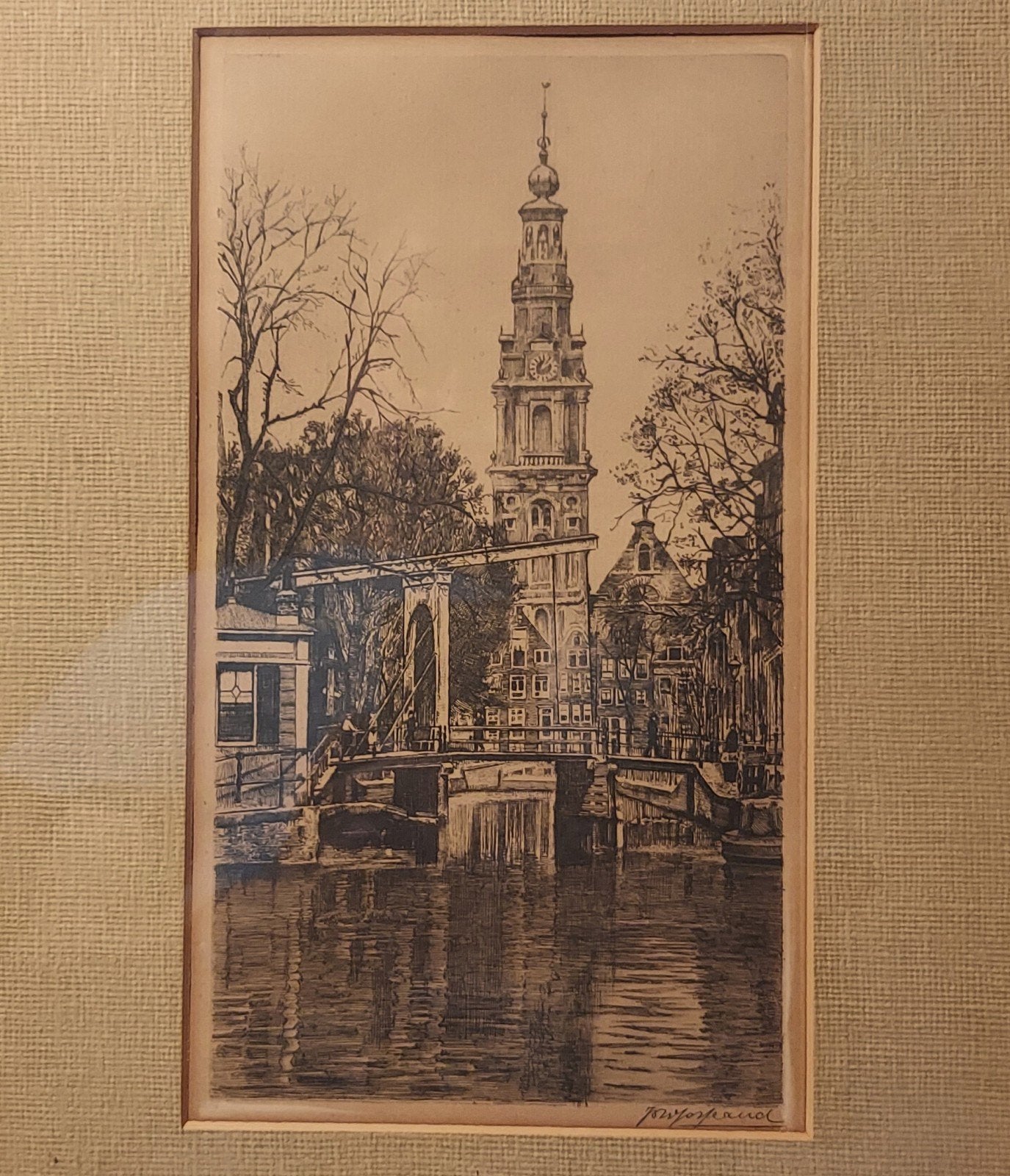 Joannes Josseaud - ets - Amsterdam, Ophalen, Stadsgezicht, Gesigneerd, 28 cm