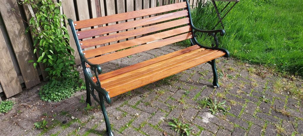 Tuinbank gietijzer met nieuw geolied hardhout, Ophalen, Zo goed als nieuw, Hout